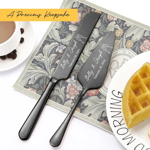 Vista 2 de Juego de cuchillos y servidores personalizados para tartas de boda, tenedores de acero inoxidable, cortador de tartas, juego de corte de pastel