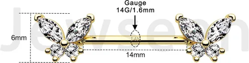 Vista 5 de Jewseen Anillos de pezón de oro macizo de 14 quilates, 2 piezas, barra de pezón de 14G, joyería para pezón de mariposa para mujeres y hombres