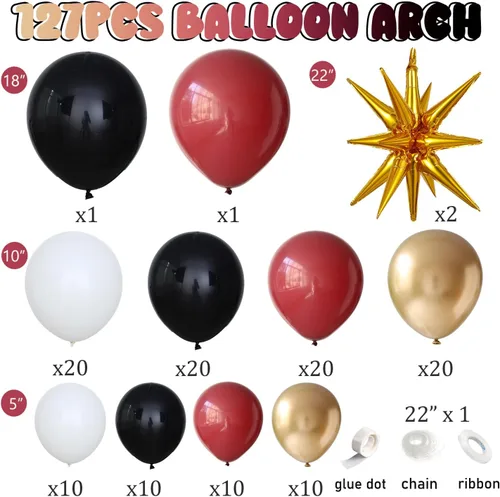 Vista 3 de Kit de guirnalda de arco de globos color borgoña, granate y dorado, blanco y negro, globos de papel de aluminio con estrella explosiva