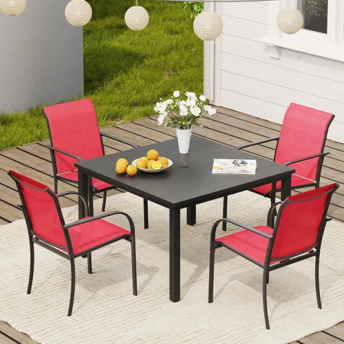 Vista 28 de VICLLAX Juego de 2 sillas de patio pequeñas para exteriores, juego de sillas apilables para patio y mesa de comedor cuadrada para porche delantero
