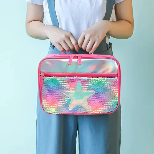 Vista 2 de Bolsa de almuerzo con lentejuelas con aislamiento de mano, bolsa de transporte espaciosa reutilizable, bolsa de transporte, kit de comida de viaje