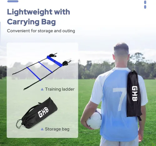 Vista 5 de GHB Pro Agility - Escaleras de entrenamiento de agilidad, velocidad de 12 peldaños y 20 pies con bolsa de transporte (amarillo y azul)