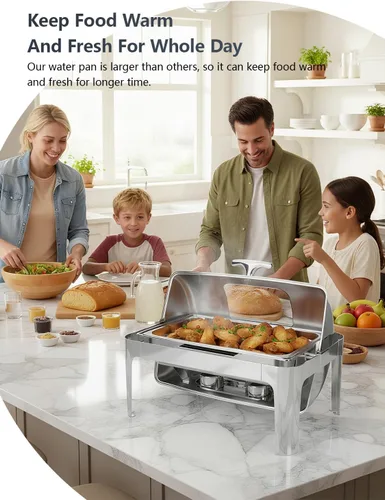 Vista 2 de Platos de roce con parte superior enrollable de 13QT para buffet: Calentador de alimentos para catering para fiestas, cumpleaños, bodas, Navidad, 1