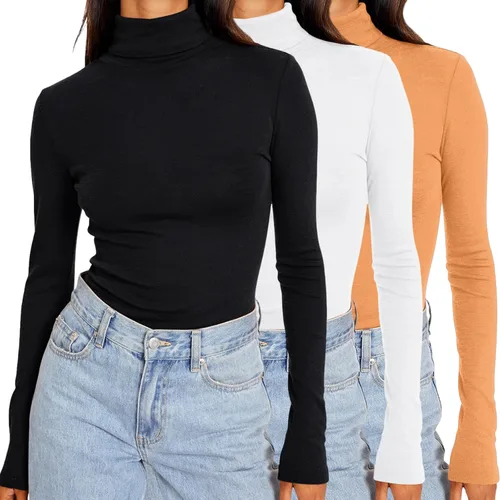 Vista 16 de SUNBS Camisetas de manga larga con cuello alto falso de 3 piezas para mujer Blackbeigecoffee3