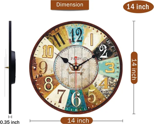 Vista 3 de VIKMARI Reloj de pared de madera de 14 pulgadas, decoración silenciosa del hogar del país francés toscano