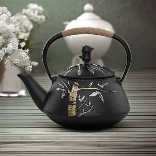 Vista 5 de Hervidor de té, Tetera de hierro fundido con infusor de acero inoxidable, Ollas de té japonesas para la parte superior de la estufa, Patrón único
