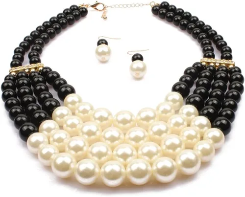 Vista 4 de Gargantilla de perlas de imitación multicolor multicapa de moda y exagerada+conjunto de joyas de aretes colgantes para novia, accesorios de vestir