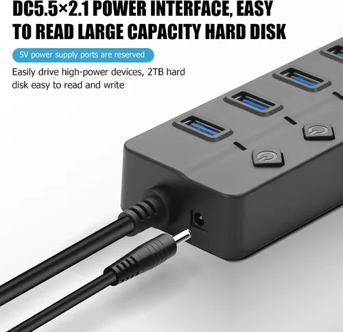 Vista 5 de Divisor de concentrador USB de 90 grados YACSEJAO USB 2.0 Hub de datos con botón LED individual interruptor de encendido/apagado DC5.5 x 2.1 puerto