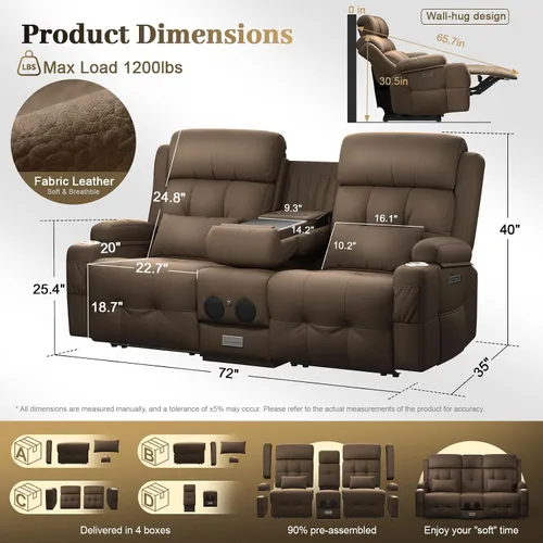 Vista 37 de Sofá de Dos Plazas Reclinable, Sofá Reclinable de Masaje con Gran Capacidad de Peso, Silla de Dos Plazas para RV en Liquidación con Consola, USB