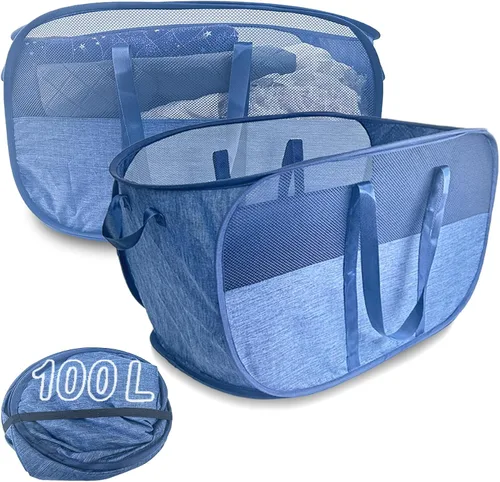 Vista 16 de Cesta de lavandería plegable mejorada de 100 L, cesta de lavandería desplegable de malla extragrande, cesta de ropa sucia con asas largas, cestas