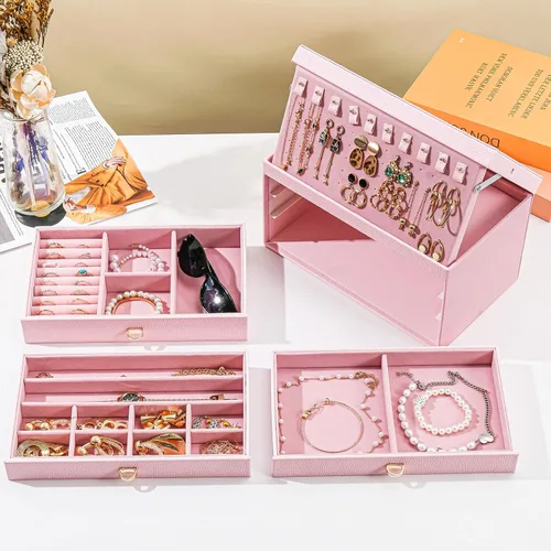Vista 2 de ProCase Joyero para mujeres y niñas, caja organizadora de joyas grande de 4 capas con tapa de cristal, regalo de San Valentín, organizador de joyas