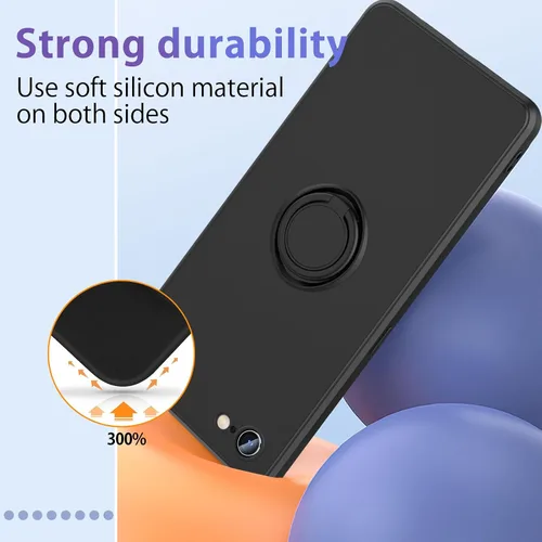 Vista 5 de Funda para iPhone SE 2022/2020, iPhone 8/7, con soporte de anillo giratorio de 360° y correa de silicona líquida delgada funda protectora para Negro