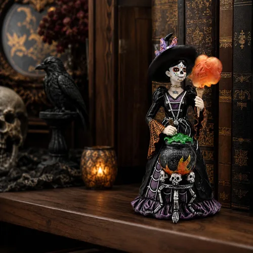 Vista 3 de Comfy Hour Figura de bruja del Día de los Muertos de 8 pulgadas, decoración Cocinar bruja