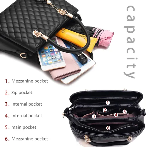 Vista 6 de Bolsos de cuero para mujer con asa superior acolchado bolsa de hombro para mujer con pompón