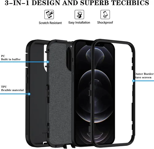 Vista 6 de Funda para iPhone 12 Pro Max con protector de pantalla HD, resistente a los golpes, al polvo y a las caídas, funda de 3 capas para iPhone 12 Pro Max
