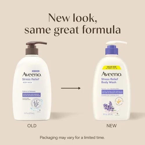 Vista 2 de Aveeno Gel de baño para aliviar el estrés para mujeres, aroma a lavanda calmante y avena prebiótica, limpiador para pieles secas sensibles, sin