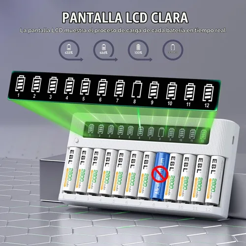 Vista 3 de EBL Cargador de batería AA AAA Cargador LCD independiente de 12 bahías