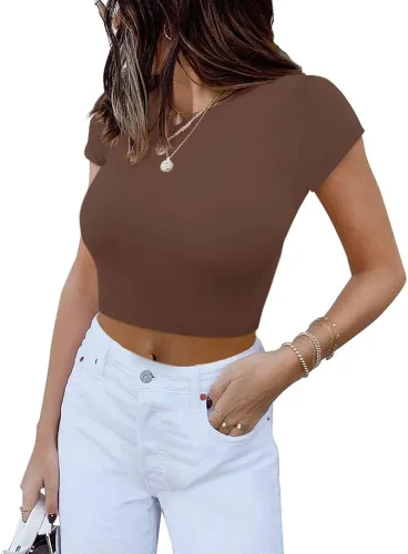 Vista 2 de REORIA Lindas camisetas ajustadas de manga corta con cuello alto y doble forro para mujer