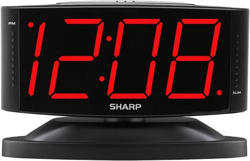 Vista 8 de Sharp Reloj despertador digital con base giratoria, LED verde, atenuador Led verde - caja plateada