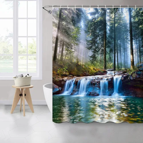 Vista 2 de Cortinas de ducha con cascadas, decoración de baño al aire libre con paisaje natural del bosque, sol, árbol, planta, paisaje del patio, cortinas