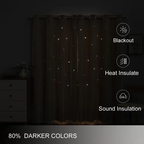 Vista 4 de FANLI 2 paneles de cortinas opacas de estrellas para dormitorio de niñas, sala de estar, rayas oscurecedoras, doble capa, estrellas caladas