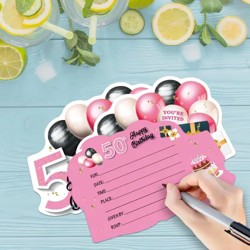 Vista 3 de ERHACHAIJIA 20 globos dorados rosados y negros y tarjetas de invitaciones en forma de pastel con sobres, divertidas fiestas de cumpleaños 50
