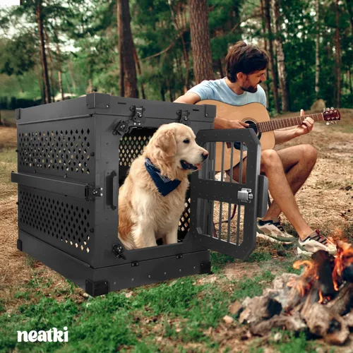 Vista 6 de Jaula plegable de 34 pulgadas para perros, de aluminio con recubrimiento en polvo con bloqueo seguro y bandeja extraíble, portátil para uso en Negro