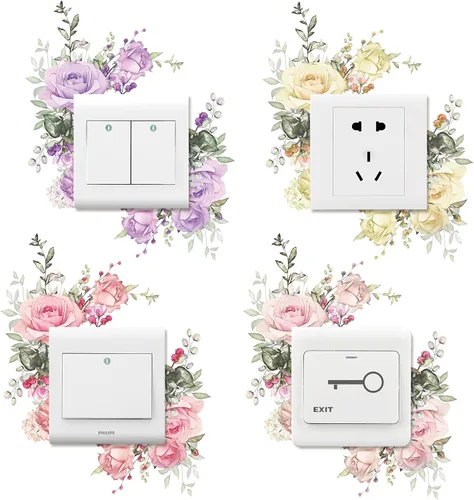 Vista 8 de 4 calcomanías extraíbles para interruptor de flores, plantas frescas, peonía, hoja de rosa, decoración de enchufe, cubierta de interruptor de luz