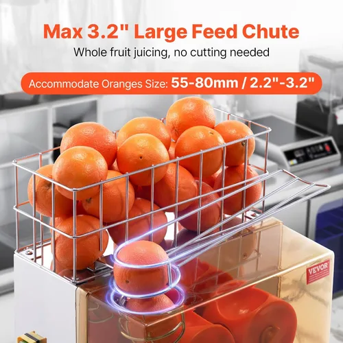 Vista 3 de VEVOR Exprimidor de naranja comercial, extractor de jugo automático de 120W, exprimidor de naranja de acero inoxidable para 20 naranjas por minuto