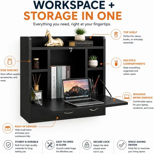 Vista 7 de Basicwise Escritorio plegable montado en la pared, escritorio plegable que ahorra espacio con estantes de almacenamiento y cajón, mesa flotante Negro