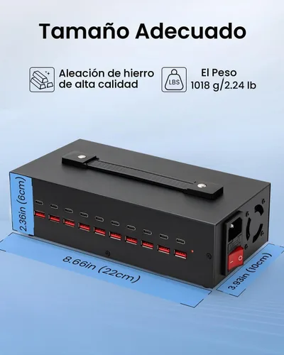 Vista 7 de Estación de carga USB-C de 200W, bloque de cargador USB de 20 puertos (10 USB A y 10 USB-C), estación de carga rápida para múltiples dispositivos