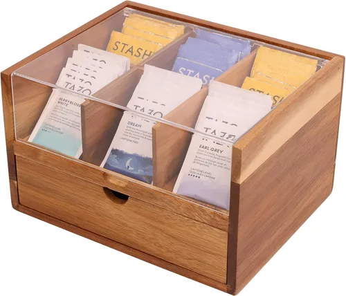 Vista 2 de HTB Organizador de té grande de 2 niveles con cajón y caja de té pequeña