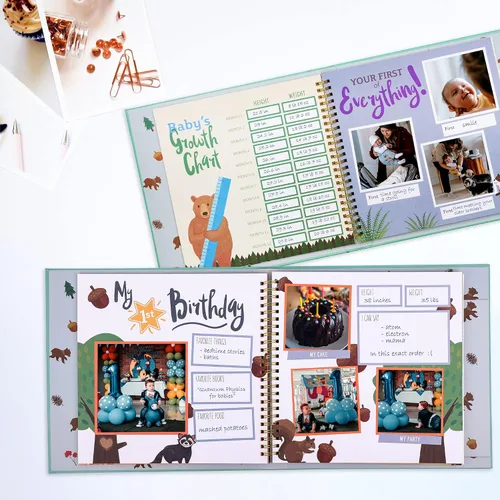 Vista 2 de RubyRoo Baby Libro de recuerdos con calcomanías de hitos – Álbum de fotos de primeros 5 años para bebé, niño o niña, regalo de embarazo para baby