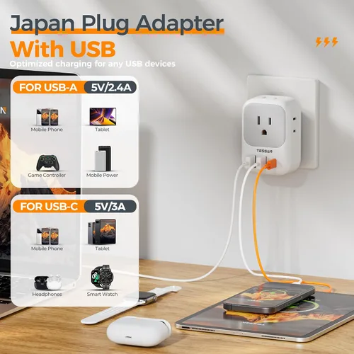 Vista 3 de TESSAN Adaptador de 2 clavijas a 3 clavijas, extensor de enchufe múltiple con 4 tomas, 3 puertos USB (1 USB C), viaje tipo A para EE. UU. a Japón