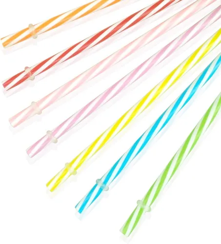 Vista 3 de 100 popotes reutilizables de plástico duro. Sin BPA, pajitas de 9 pulgadas de largo a rayas, diámetro exterior de 0.28 pulgadas
