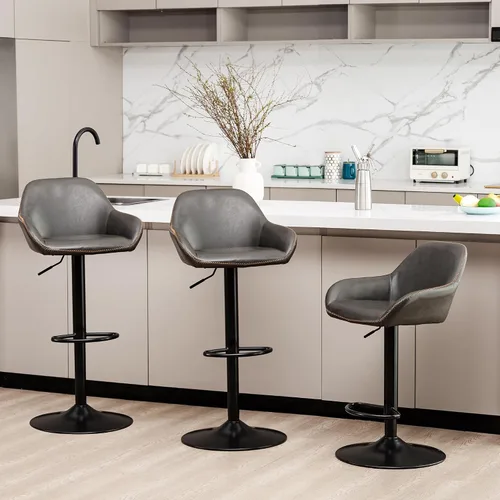 Vista 22 de Glitzhome Taburete de bar giratorio, taburetes de bar ajustables con soporte trasero y reposapiés, silla de bar tapizada de piel sintética