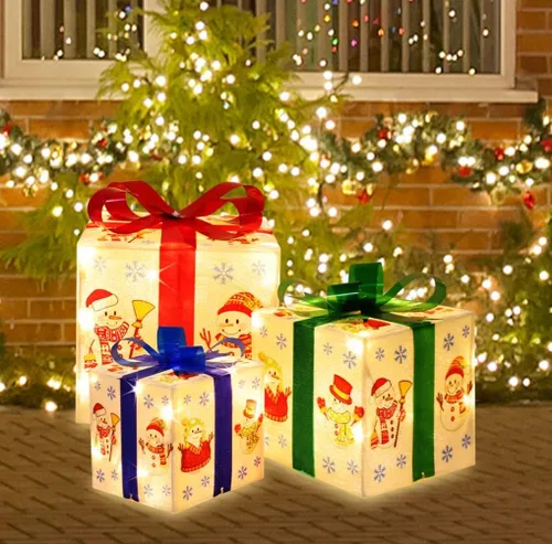 Vista 4 de LAMPHOME Cajas Iluminadas de Navidad, juego de 3 cajas de regalo decorativas con 91 LED, luces cálidas con parpadeo, cajas decorativas para Cajas