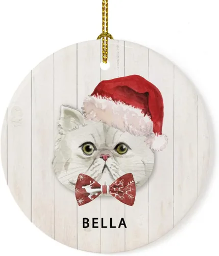 Vista 22 de Andaz Press Adorno redondo personalizado de cerámica para árbol de Navidad, abisinio, corona de acebo, sombrero de Papá Noel, con gráfico de gato