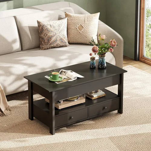 Vista 8 de WLIVE Mesa de Centro, Mesa de Centro con Tapa Elevable con 2 Cajones, Gran Almacenamiento y Estante Abierto, Tapa de Mesa Elevable para Sala de Negro