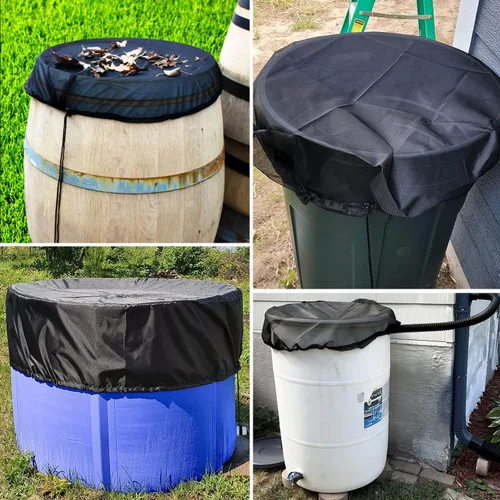 Vista 7 de 4 cubiertas de malla de barril de lluvia con cordón – 38.2 pulgadas de red de recogida de agua para evitar hojas caídas y escombros, pantalla