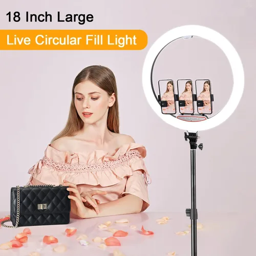 Vista 4 de Anillo de luz de 18 pulgadas con soporte de trípode, luz circular LED regulable de 58 W 5500 K para TikTok/Live Stream/Maquillaje/YouTube con bolsa