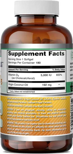 Vista 2 de Amazing Formulas Vitamina D3 con suplemento de aceite de coco 5000 UI por porción 180 cápsulas blandas Sin OMG Sin gluten Fabricado