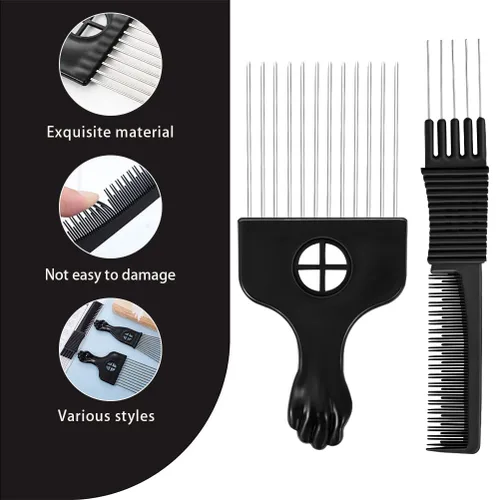 Vista 4 de Juego de 3 púas de metal para estilo afro, barba y rizado, peines para hombres y mujeres