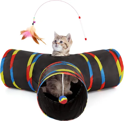 Vista 22 de Tempcore Túnel para gatos con tubo de juguete, túneles plegables de 3 vías para gatos, túneles para mascotas aburridas con agujero y pelota, juguete