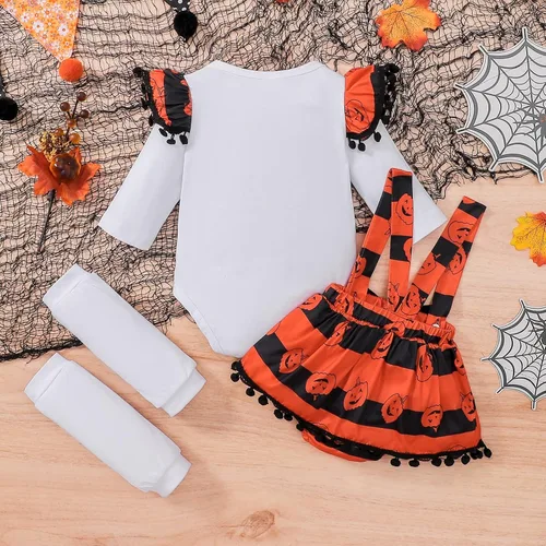 Vista 3 de DOMOABEI My First Halloween Baby Girl Outfits Newborn 1st Halloween Costume Ruffle Romper Pumpkin Suspender Skirt 0-18 Months