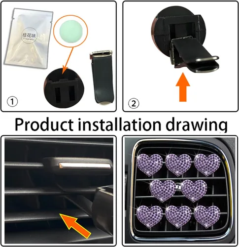 Vista 7 de Bling Heart 8 clips de ventilación de aire, ambientadores de corazón de cristal, clips de ventilación de diamantes de imitación para decoración