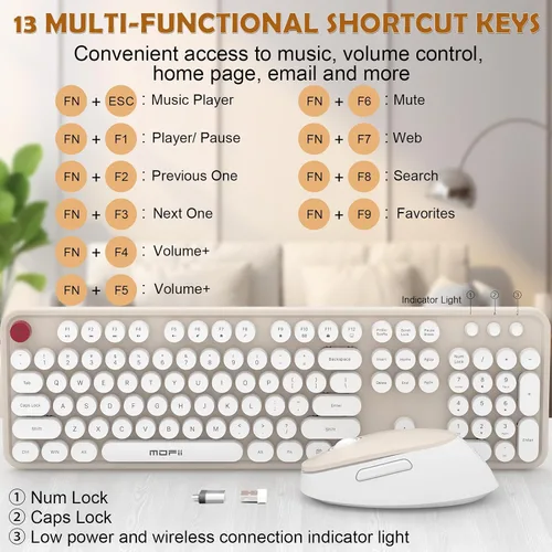 Vista 8 de MOFII - Combo de teclado y mouse inalámbricos, 104 teclas redondas retro de tamaño completo, teclados ergonómicos y mouse inalámbricos para Windows