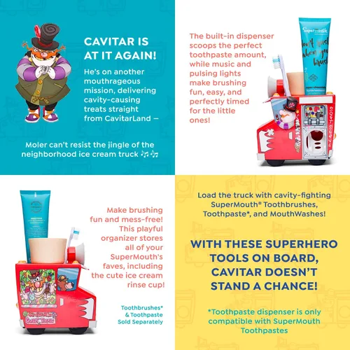 Vista 4 de SuperMouth Paquete de cuidado bucal para niños: organizador de camión de helado con dispensador de pasta de dientes, música y luces + pasta
