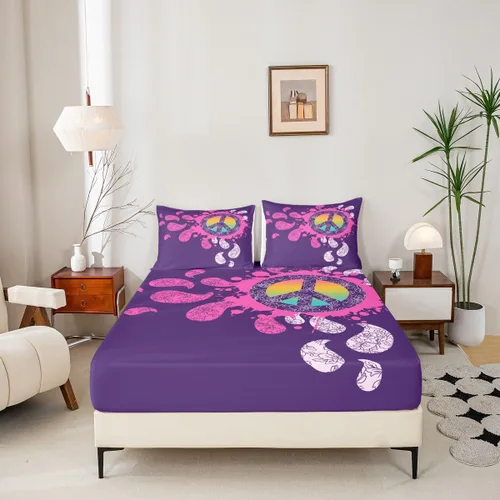 Vista 2 de Erosebridal - Juego de sábanas hippie para niños, tamaño doble, diseño de signo de la paz púrpura, sábana bajera bohemia, exótica para niños