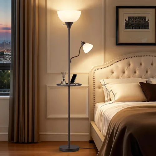 Vista 5 de Luvkczc Lámpara de pie de 72 pulgadas con mesa, luces de lectura ajustables, lámparas de pie modernas para sala de estar, dormitorio, oficina, Marrón